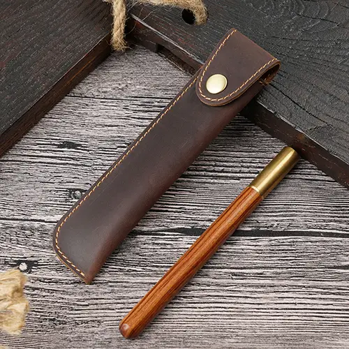  Crazy Horse Leather Pen Case with Snap Button – Premium Vintage Leather Accessory